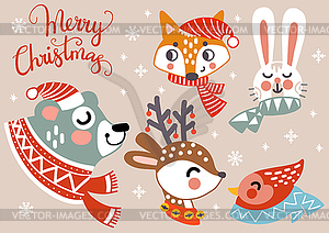 Merry Christmas card with cute animal heads - vector clipart