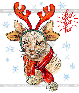 Funny christmas Sphynx cat with deer antlers - vector EPS clipart