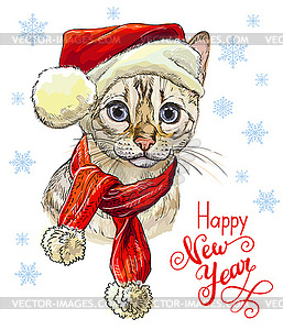 Funny bengal cat in christmas hat - vector image
