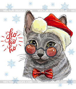 Funny gray cat in christmas hat - vector clip art
