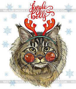 Funny christmas fluffy cat with deer antlers - vector image