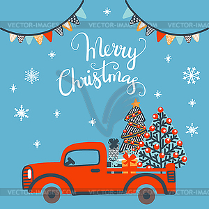 Merry Christmas square card red truck - vector image