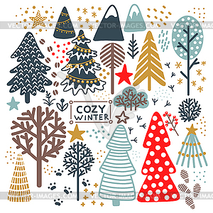 Christmas trees set square card - vector image