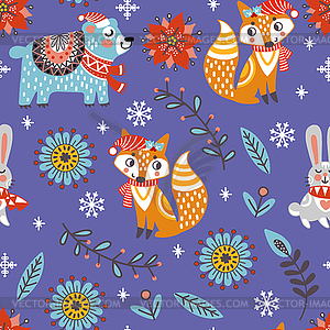 Seamless pattern christmas animals purple - vector image