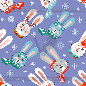 Seamless pattern christmas rabbit heads background - vector clip art