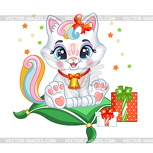 Christmas cute magic kitten with gifts - vector clipart