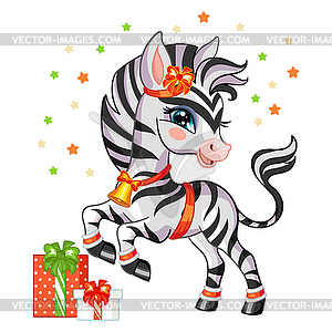 Christmas cute zebra with gifts - stock vector clipart