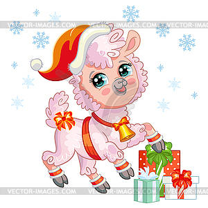 Christmas cute pink llama with gifts - vector clip art