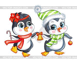 Cute Christmas penguins with bell - vector image