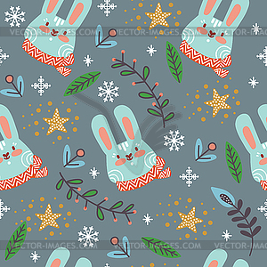 Seamless pattern christmas rabbit heads background - vector EPS clipart