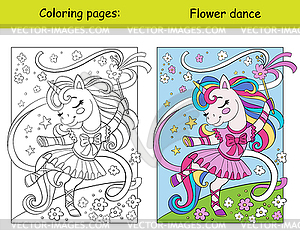 Cute dancing unicorn ballerina coloring book page - vector image