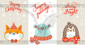 Set of christmas vertical cards cute characters - vector image