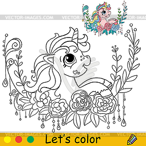 Cartoon baby unicorn in flowers wreath coloring boo - vector clipart