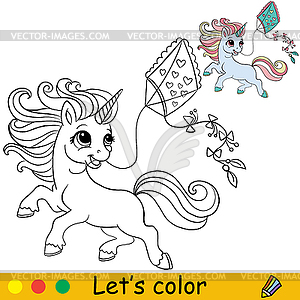 Cartoon girl unicorn with kite coloring book page - vector clip art