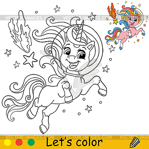 Cartoon space unicorn with comet coloring book page - vector image