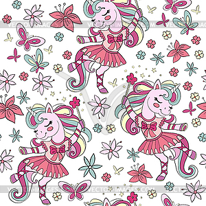 Seamless pattern with cute dancing unicorn ballerina - vector EPS clipart