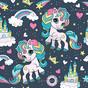 Seamless pattern with lovely unicorns and castle - vector image