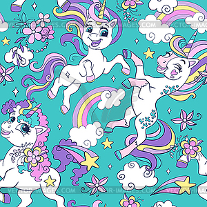 Seamless pattern with lovely unicorns and castle - royalty-free vector image
