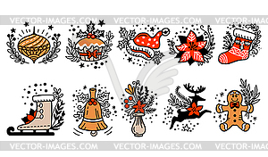 Set of flat line art christmas icons - vector image