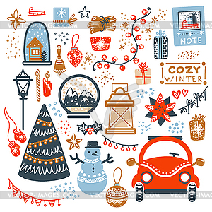 Christmas elements set with red truck card - vector clip art