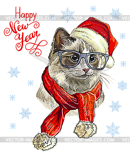 Cat in Christmas hat and snow - vector clipart