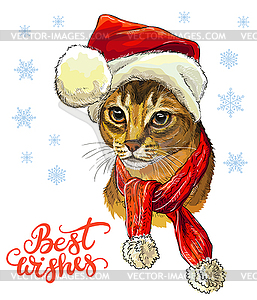 Abyssinian cat in Christmas hat, scarf and - vector clipart