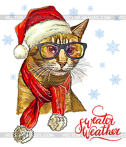 Cat in Christmas hat, scarf and snowflakes - vector clip art