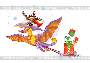 Christmas cute dinosaur pterodactyl with gifts - vector image