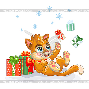 Christmas cute red kitten play with gifts - vector clip art