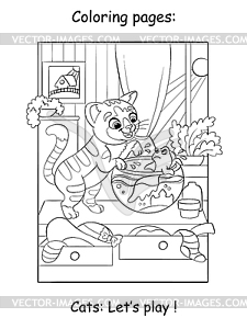 Cute kitten play with fish kids coloring book page - vector image