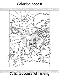 Cute kitten fishing at river kids coloring book page - vector clipart