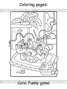 Cute playing kitten kids coloring book page - vector clip art