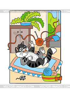 Cute playing kitten in cozy home cartoon - color vector clipart