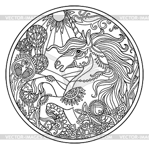 Portrait of unicorn in flowers round coloring - vector clipart