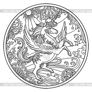 Pegasus in flowers round coloring - vector clipart