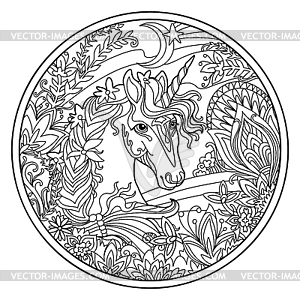 Unicorn in flowers round coloring - vector EPS clipart