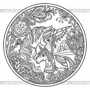 Unicorn and foal in flowers round coloring - vector image