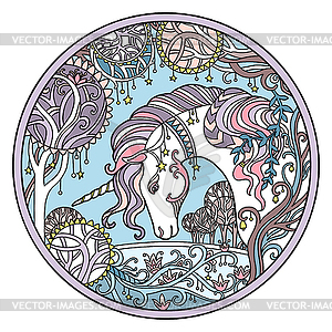 Winter unicorn round color - vector clipart