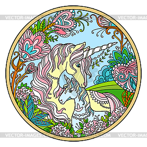 Unicorn and foal round color - vector clip art