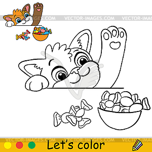 Kitten with plate of candies coloring with template - vector clip art