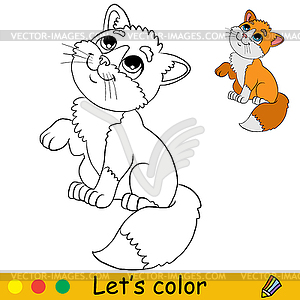 Cute happy cartoon cat coloring with template - vector image