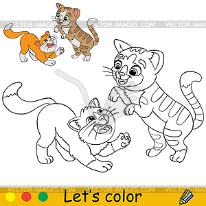 Two cute playful cats coloring with template - vector clipart