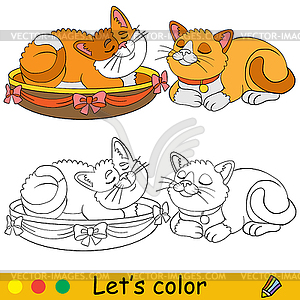 Cute sleeping cats coloring page with template - vector clipart / vector image