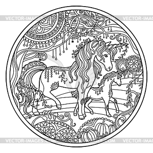 Beautiful unicorn and foal circle coloring - vector clipart / vector image