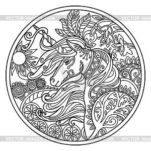 Beautiful ornate head of unicorn coloring - vector clipart