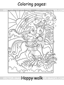 Cute little princess rides unicorn in flower - vector clip art