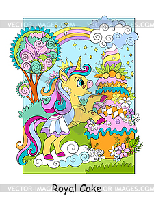 Cute unicorn princess with giant royal cake - vector clip art