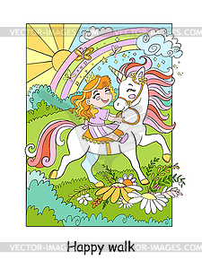 Cute little princess rides unicorn - vector clipart