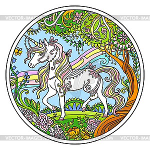 White unicorn ornamental color round - vector image