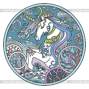 Winter unicorn ornamental color round - vector clipart